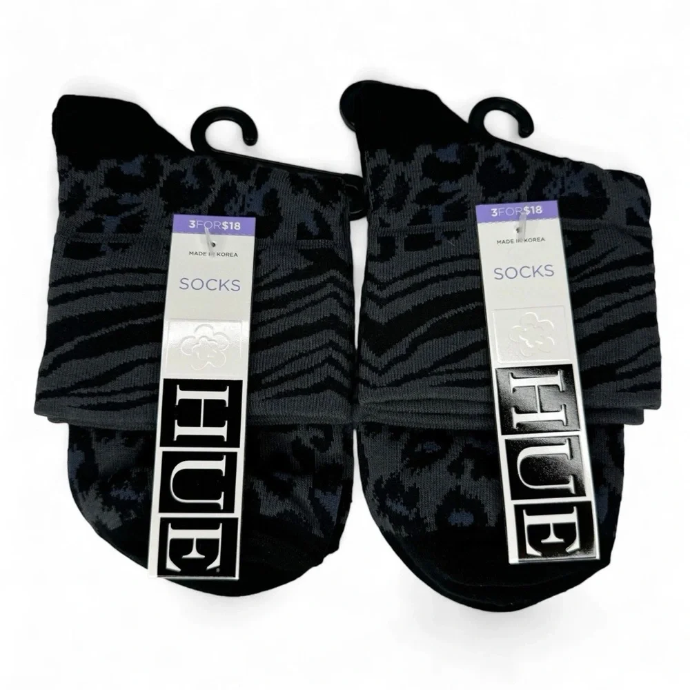 HUE Womens Gray Black Leopard Print Cotton Body Sock‎ One Size 2 Pairs NWT